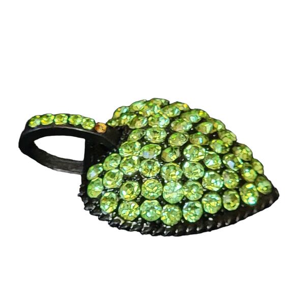 Green Rhinestone Heart Pendant 1.5"‎ Black Metal Puffy 3D Charm Pave Jewelry - Picture 2 of 5